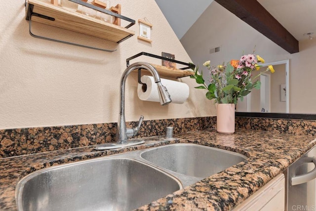 room details with dark stone countertops, visible vents, and a sink