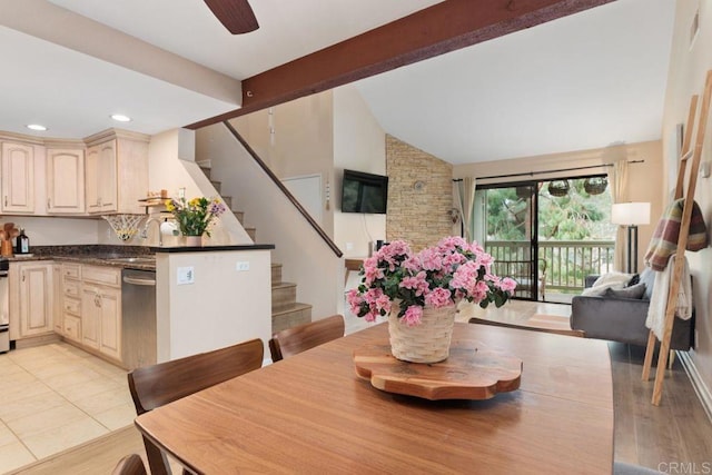 dining space featuring stairway, light tile patterned floors, vaulted ceiling with beams, recessed lighting, and ceiling fan