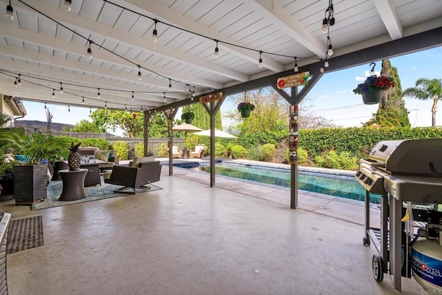 view of patio featuring a fenced in pool, area for grilling, and fence