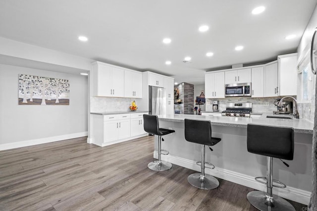 kitchen featuring light wood finished floors, a sink, stainless steel appliances, a peninsula, and light countertops