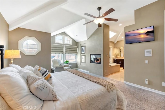 bedroom with a fireplace, light colored carpet, baseboards, and high vaulted ceiling