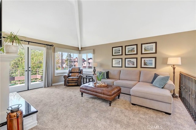 carpeted living area with high vaulted ceiling