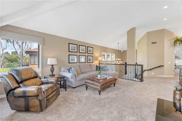 carpeted living area featuring recessed lighting, visible vents, baseboards, and vaulted ceiling with beams