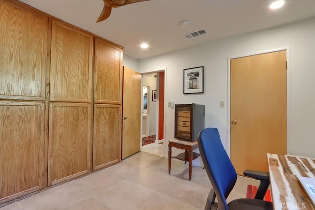 office area featuring recessed lighting, visible vents, and ceiling fan