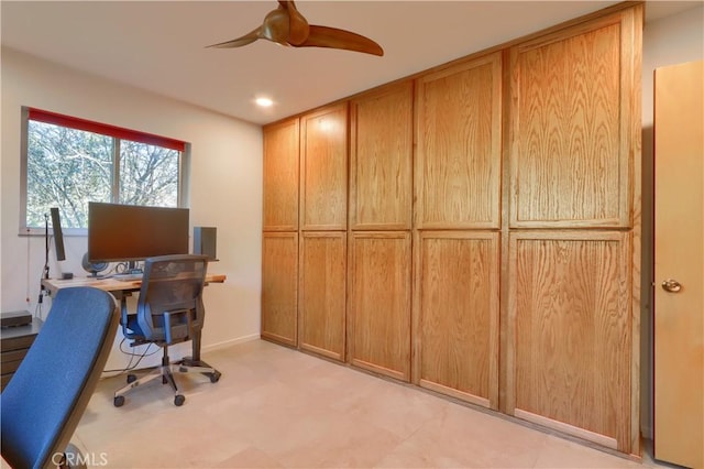 office area featuring recessed lighting, baseboards, and a ceiling fan