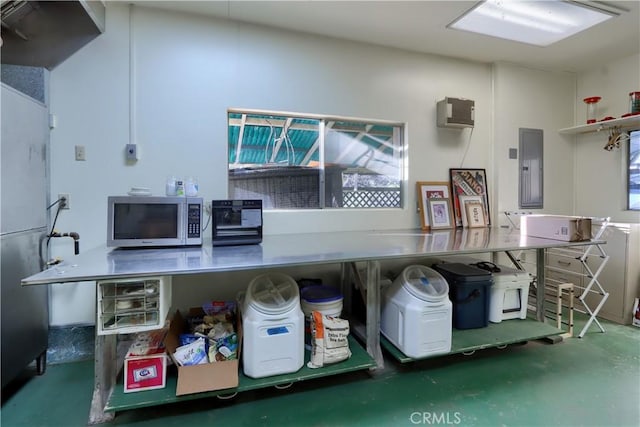 kitchen with electric panel, stainless steel microwave, and finished concrete floors