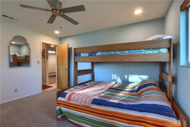 bedroom featuring visible vents, recessed lighting, a ceiling fan, and carpet