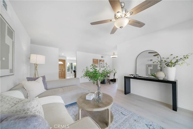 living room featuring ceiling fan and wood finished floors