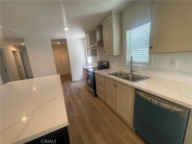 kitchen with range with electric cooktop, a sink, wood finished floors, wall chimney exhaust hood, and dishwashing machine