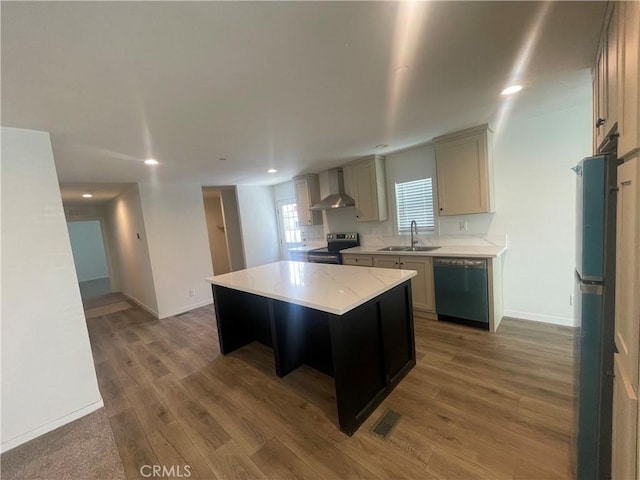 kitchen with a sink, freestanding refrigerator, stainless steel electric range, wall chimney exhaust hood, and dishwashing machine