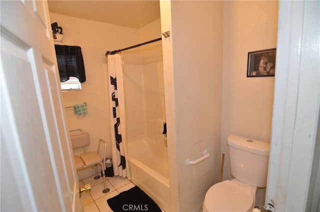 full bath with tile patterned floors, shower / bath combination with curtain, and toilet