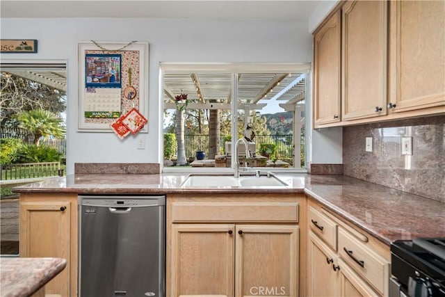 kitchen with a sink, decorative backsplash, dishwasher, and light brown cabinets