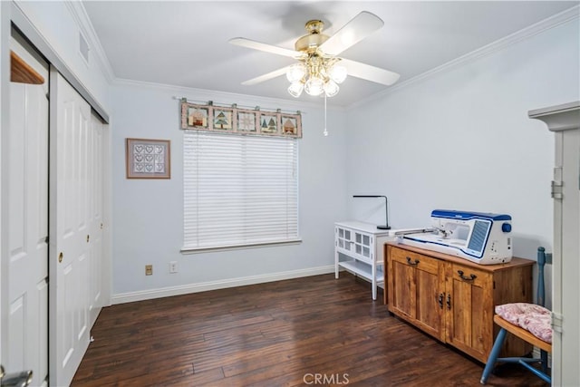 interior space with dark wood finished floors, visible vents, crown molding, and baseboards