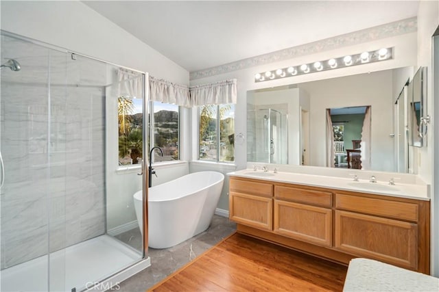 bathroom with a sink, a freestanding tub, a stall shower, and double vanity