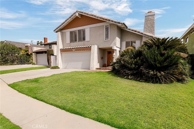 view of front facade featuring an attached garage, stucco siding, concrete driveway, a front lawn, and a tiled roof