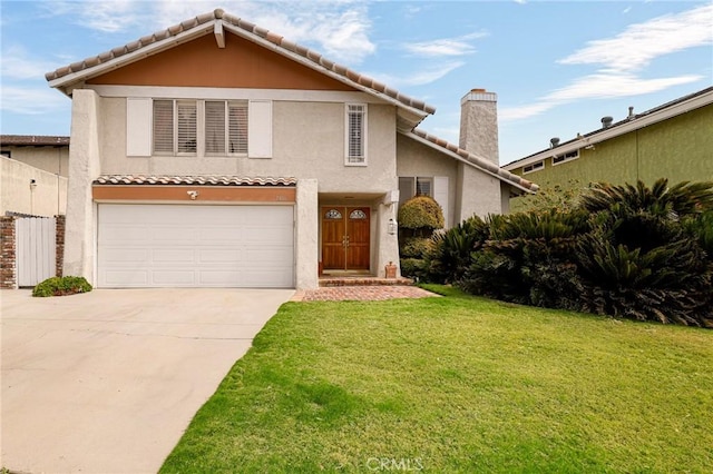 view of front of house featuring an attached garage, a front lawn, a tile roof, stucco siding, and driveway