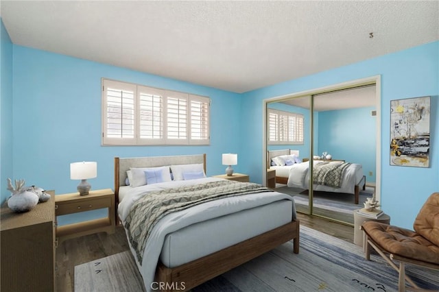 bedroom featuring multiple windows, wood finished floors, a closet, and a textured ceiling