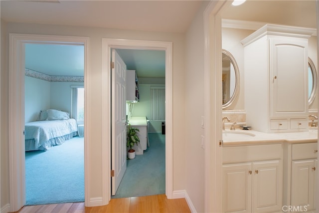 bathroom with vanity, wood finished floors, baseboards, and ensuite bathroom