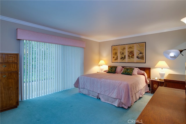 carpeted bedroom featuring crown molding