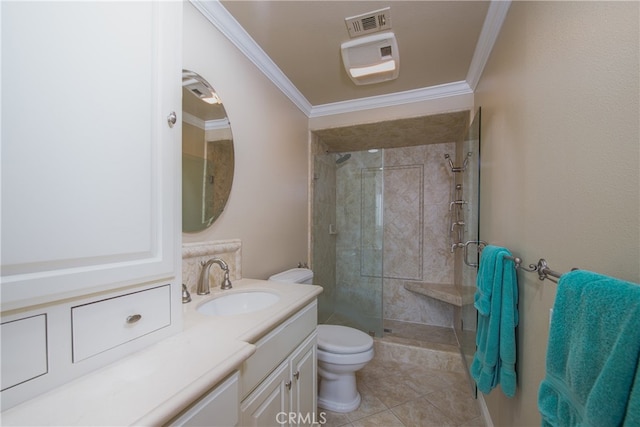 bathroom featuring vanity, visible vents, a stall shower, crown molding, and toilet