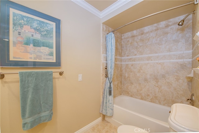 bathroom with toilet, shower / tub combo, crown molding, baseboards, and tile patterned flooring