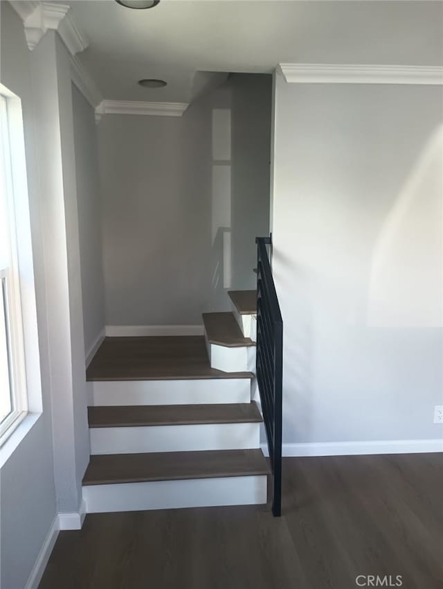 stairs featuring wood finished floors, baseboards, and ornamental molding