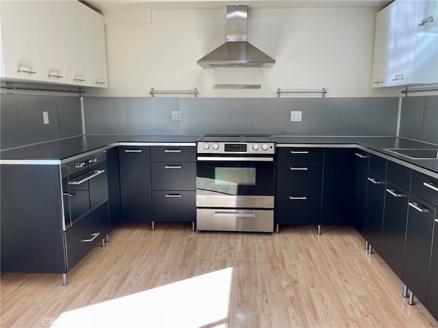 kitchen featuring stainless steel range with electric stovetop, wall chimney exhaust hood, white cabinets, and light wood finished floors