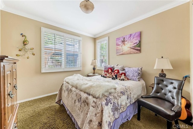 bedroom featuring baseboards, carpet, and crown molding