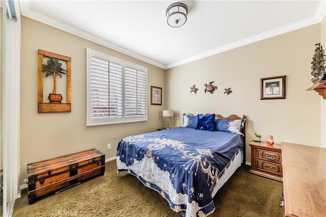 bedroom featuring carpet flooring, crown molding, and baseboards