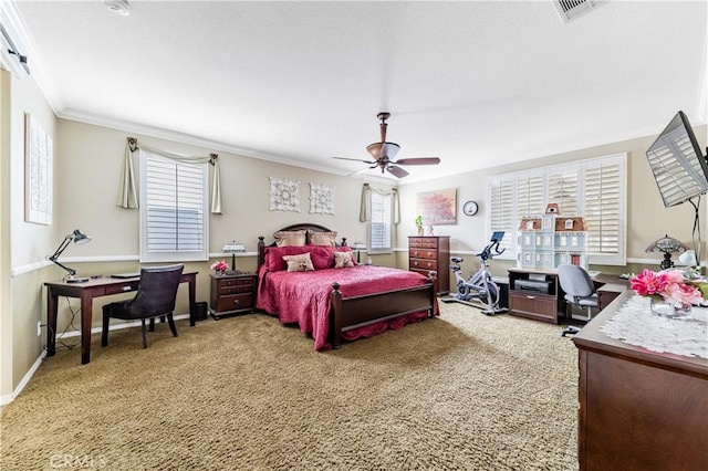 bedroom featuring light carpet, visible vents, crown molding, and baseboards