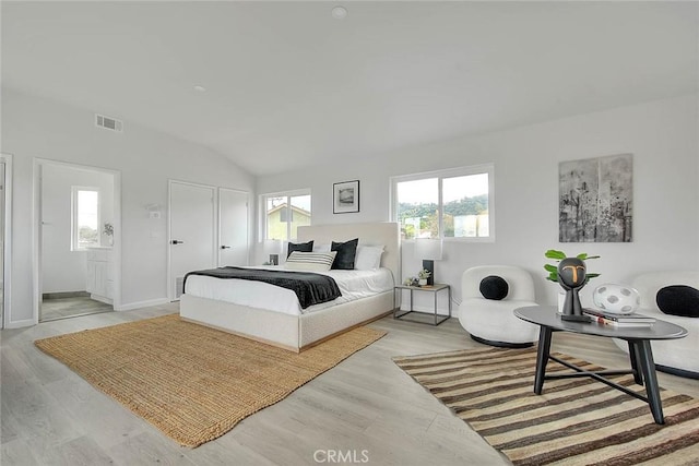 bedroom featuring vaulted ceiling, light wood-style flooring, and multiple windows