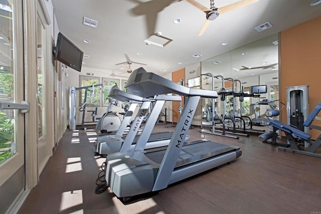 workout area with visible vents and a ceiling fan