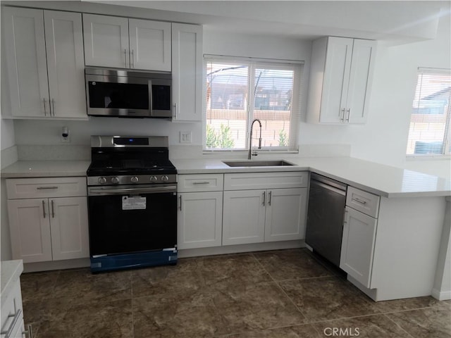 kitchen featuring a peninsula, plenty of natural light, appliances with stainless steel finishes, and a sink