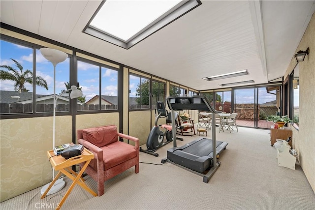 workout area featuring carpet flooring, floor to ceiling windows, and a skylight