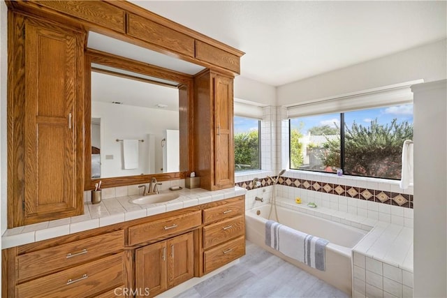 bathroom with vanity, a garden tub, and wood finished floors