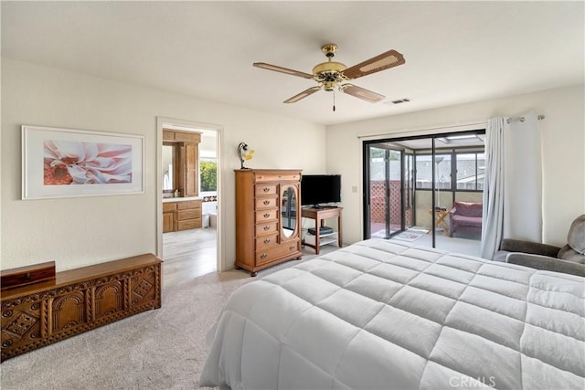 bedroom featuring access to outside, multiple windows, light colored carpet, and visible vents