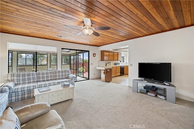 living room with light carpet, wood ceiling, and ceiling fan