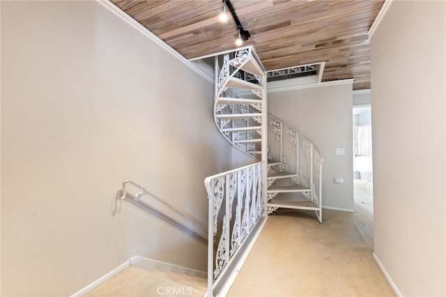 staircase featuring carpet, track lighting, wood ceiling, and ornamental molding