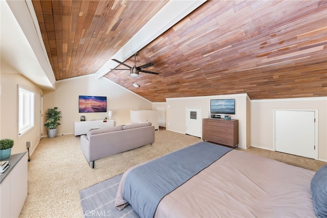 carpeted bedroom with wooden ceiling and vaulted ceiling with beams