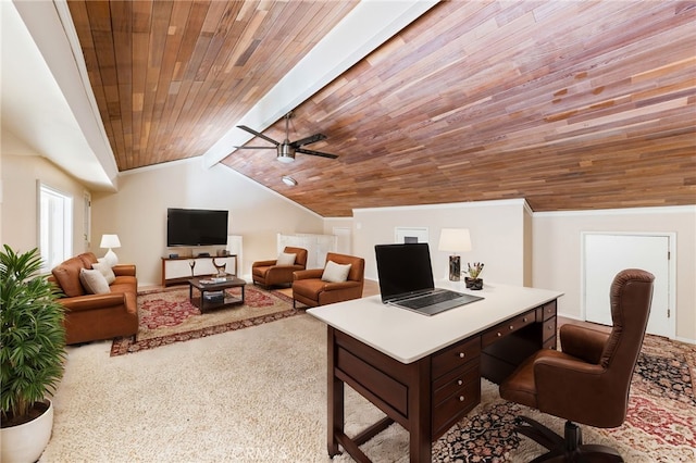 office area featuring a ceiling fan, wooden ceiling, vaulted ceiling with beams, and crown molding