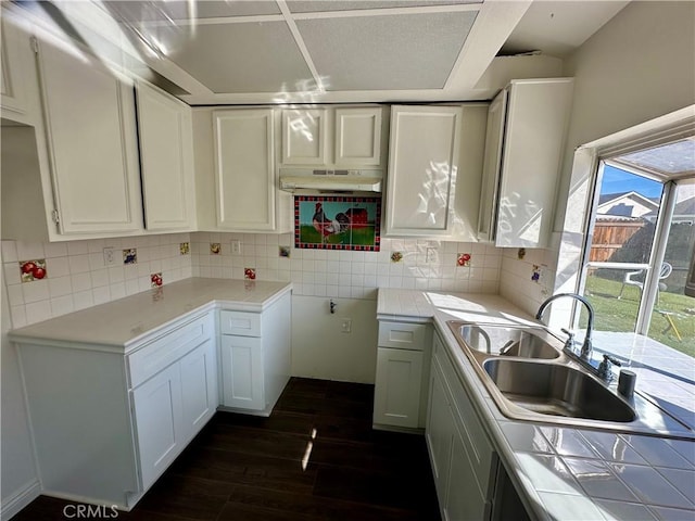 kitchen featuring decorative backsplash, dark wood-type flooring, white cabinets, and a sink