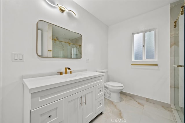 full bathroom with vanity, baseboards, a shower, toilet, and marble finish floor