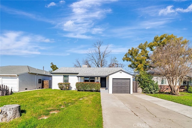 single story home featuring a front lawn, an attached garage, driveway, and stucco siding