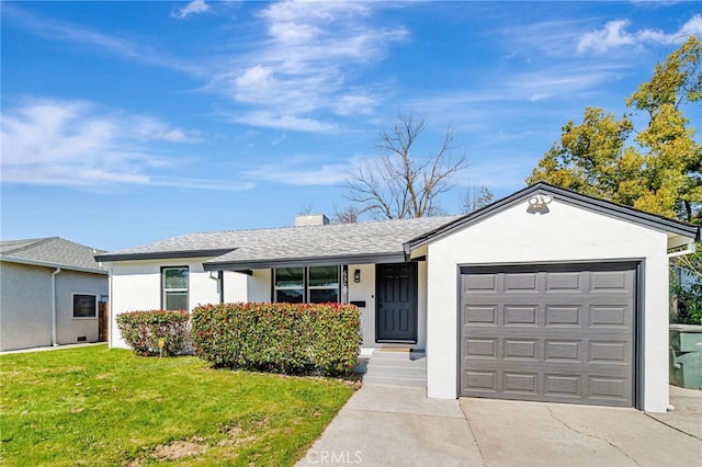 ranch-style house featuring a front yard, driveway, a shingled roof, stucco siding, and a garage