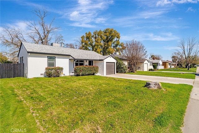 ranch-style house with stucco siding, a front lawn, fence, concrete driveway, and a garage