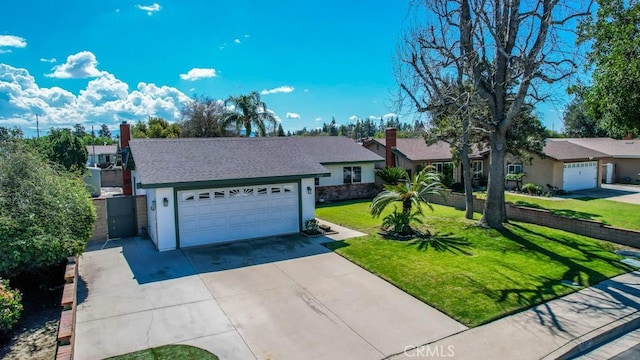 ranch-style house with stucco siding, driveway, a front yard, a shingled roof, and a chimney