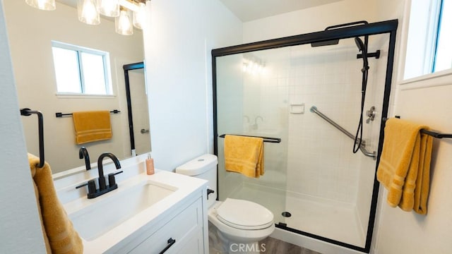 bathroom featuring vanity, toilet, and a stall shower