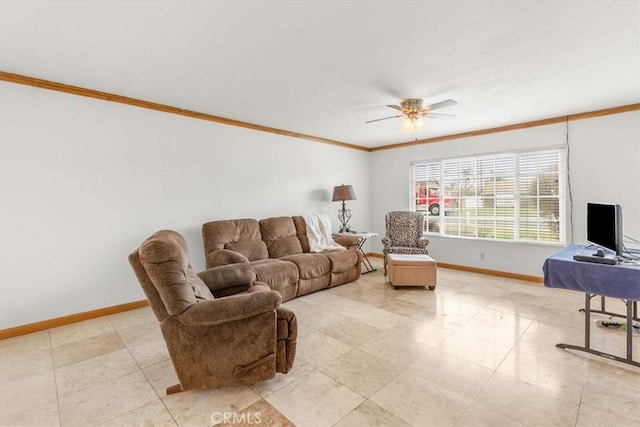 living room with ceiling fan, crown molding, and baseboards