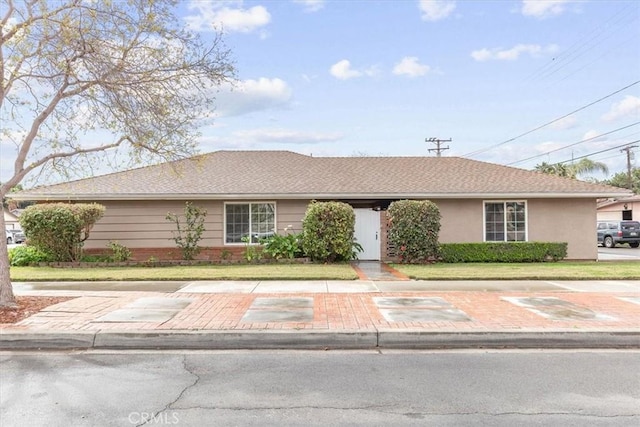 ranch-style home with a front yard and stucco siding