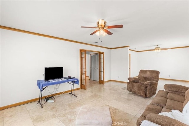 living room with visible vents, baseboards, ceiling fan, ornamental molding, and french doors